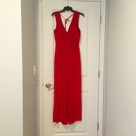 (E&M) Sheer Red Jumpsuit - Picture 3 of 4